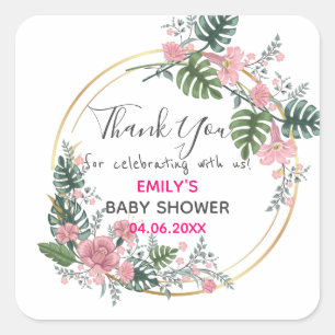 Roze Floral Hartelijk dank Baby shower Vierkante Sticker