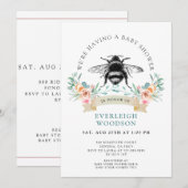 Roze Floral Heart Bee Baby shower Uitnodiging (Voorkant / Achterkant)