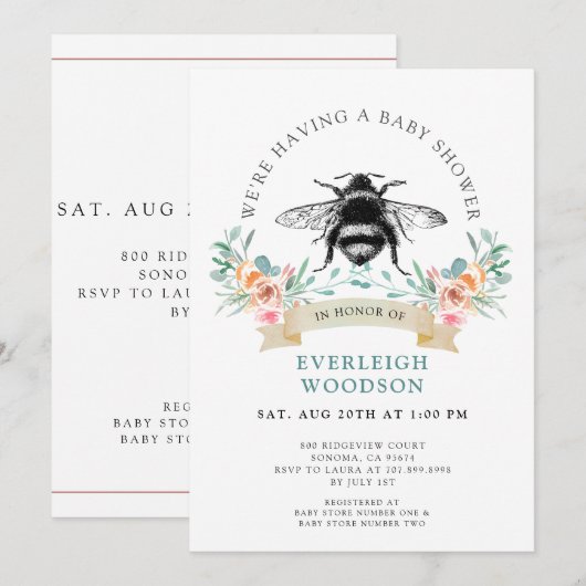 Roze Floral Heart Bee Baby shower Uitnodiging (Voorkant / Achterkant)