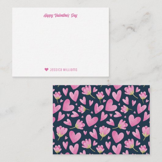  roze Floral Heart Pattern Valentijnsdag Notitiekaartje (Voorkant / Achterkant)