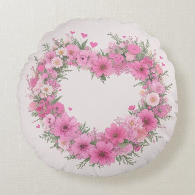 Roze Floral Heart Rond Kussen (Voorkant)