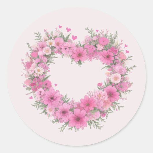 Roze Floral Heart Ronde Sticker (Voorkant)