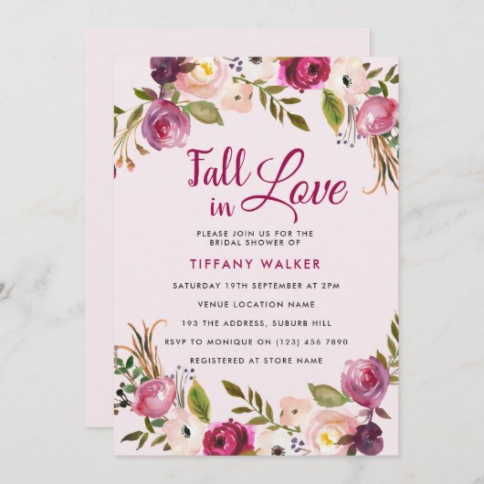 Roze Floral Herfst in Love Bridal Shower Kaart (Voorkant / Achterkant)