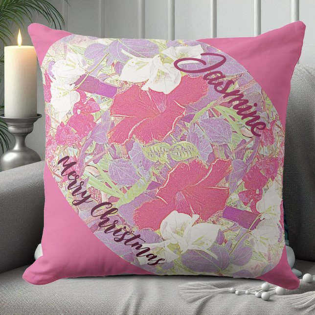 Roze Floral Hibiscus Merry Kerstmis Garden Cute Kussen (Pink Floral Hibiscus Merry Christmas Garden Cute Throw Pillow)