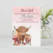 Roze floral Highland koe baby shower uitnodiging (Staand voorkant)