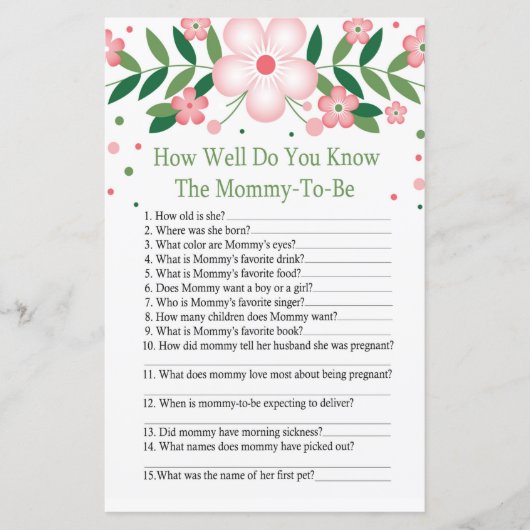 Roze Floral Hoe goed ken je het baby shower spel? (Voorkant)