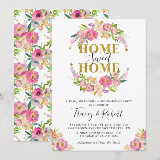 Roze Floral Home Sweet Home Housewarming Invite Kaart (Voorkant / Achterkant)