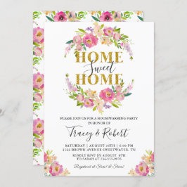 Roze Floral Home Sweet Home Housewarming Invite Kaart