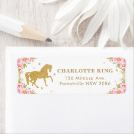 Roze Floral Horse Birthday Baby shower Adres Etiket