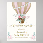 Roze Floral Hot Air Ballon Baby shower Welkom Poster (Voorkant)