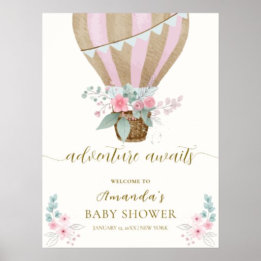 Roze Floral Hot Air Ballon Baby shower Welkom Poster (Voorkant)