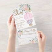 Roze Floral Hot Air ballon Elephant Baby shower All In One Uitnodiging (Afscheurbaar)