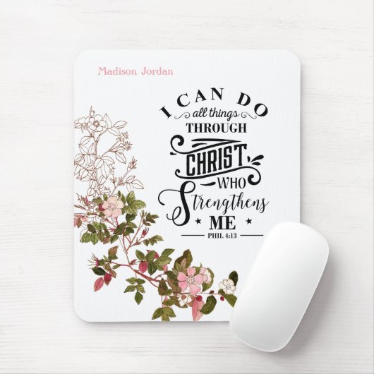 Roze Floral ik kan alles doen door Christus Muismat (Met muis)