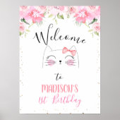 Roze Floral Kitten Face en Bow Birthday Welcome P Poster (Voorkant)