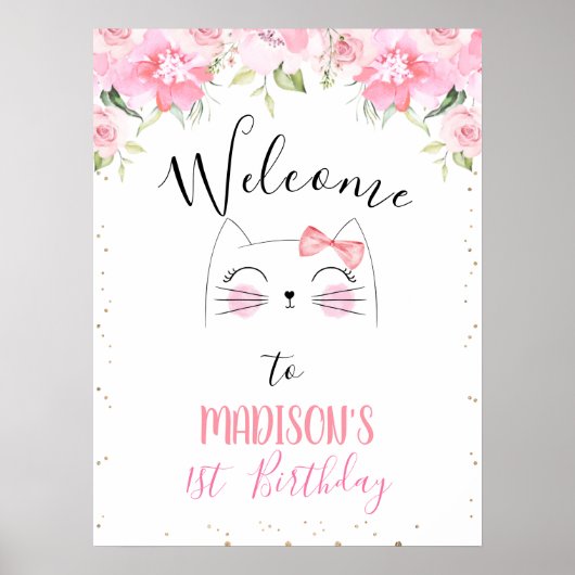 Roze Floral Kitten Face en Bow Birthday Welcome P Poster (Voorkant)