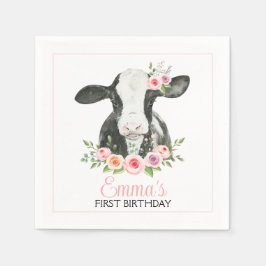 Roze Floral Koe Afdruk Birthday Party Paper Napkin Servet