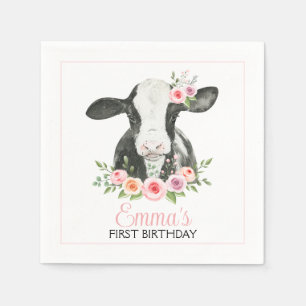 Roze Floral Koe Afdruk Birthday Party Paper Napkin Servet