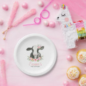 Roze Floral Koe Afdrukdag Partij Papieren Bordje (Feest)