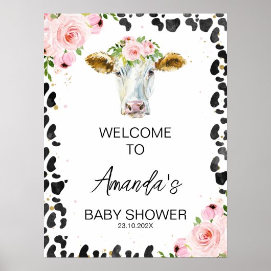 Roze Floral Koe Druk Heilige Koe Baby shower Welko Poster (Voorkant)