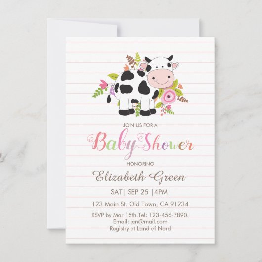 Roze Floral Koe Girl Baby shower Invitation (Voorkant)