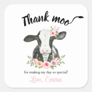 Roze Floral Koe met Koe Afdrukken Hartelijk dank Vierkante Sticker