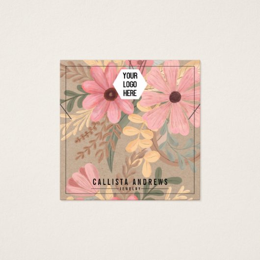 Roze Floral Kraft Paper Logo Kaart Ketting (Voorkant)