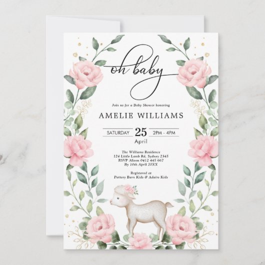 Roze Floral Lamb Greenery Wreath Girl Baby shower Kaart (Voorkant)