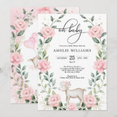 Roze Floral Lamb Greenery Wreath Girl Baby shower Kaart (Voorkant / Achterkant)