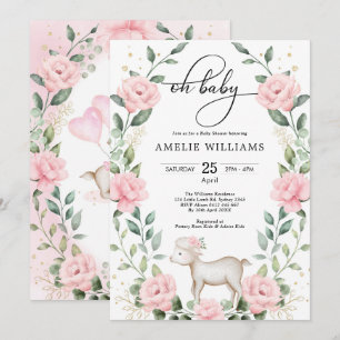 Roze Floral Lamb Greenery Wreath Girl Baby shower Kaart