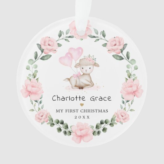 Roze Floral Lamb Wreath Baby Girl 1 kerst Ornament (voorkant)