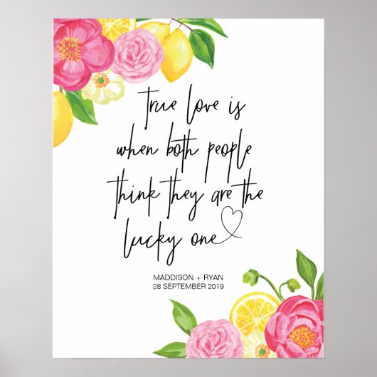 Roze Floral Lemon Wedding True Love Welkom Poster (Voorkant)