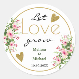 Roze Floral Let Love Grow Gold Tropical Weddenscha Ronde Sticker