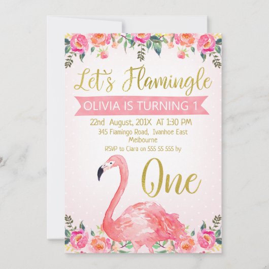 Roze Floral Let's Flamingle Birthday Invitation Kaart (Voorkant)