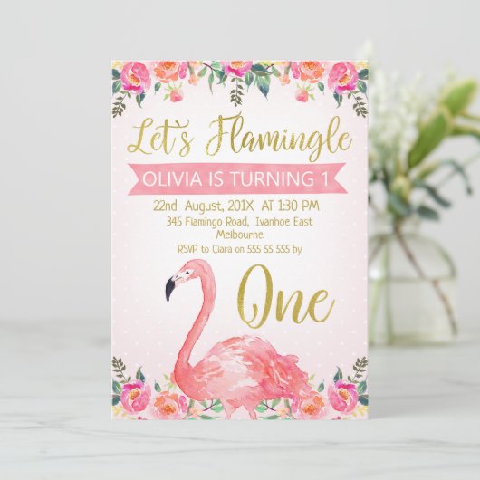 Roze Floral Let's Flamingle Birthday Invitation Kaart (Staand voorkant)