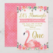 Roze Floral Let's Flamingle Birthday Invitation Kaart (Voorkant / Achterkant)