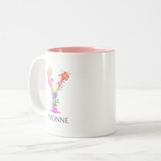 Roze Floral Letter Y Initiaal Monogram en naam Tweekleurige Koffiemok (Voorkant links)