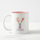 Roze Floral Letter Y Initiaal Monogram en naam Tweekleurige Koffiemok (Links)