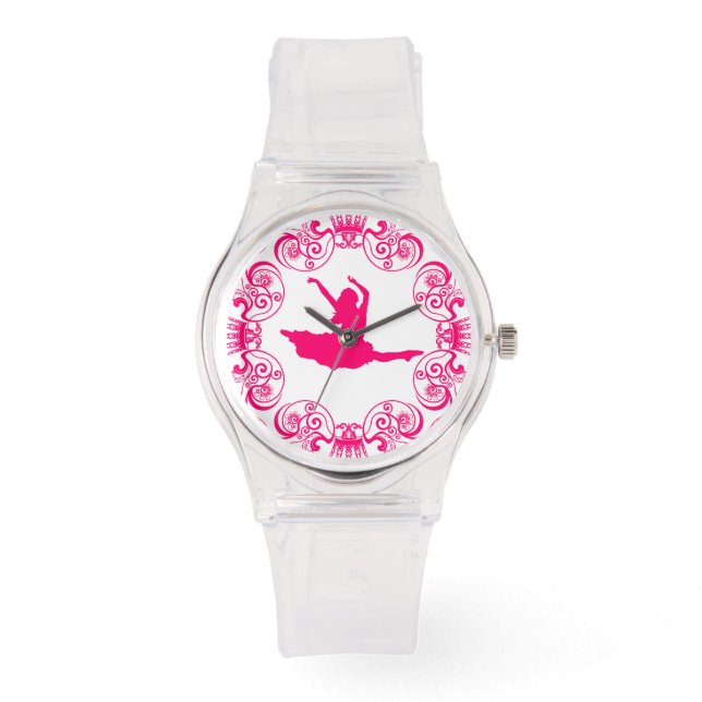 Roze Floral Lijst Dancer Silhouette Horloge (Voorkant)