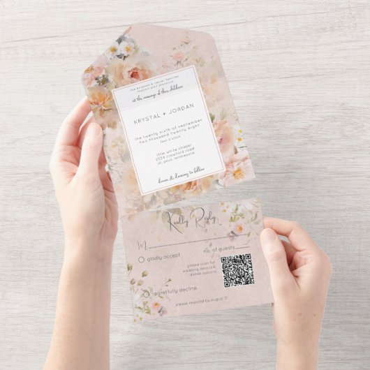 Roze Floral-Lijst QR-code All In One Uitnodiging (Afscheurbaar)