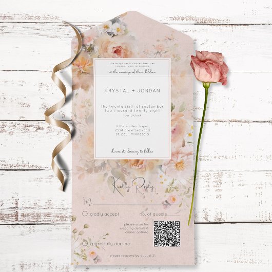  Roze Floral-Lijst QR-code All In One Uitnodiging