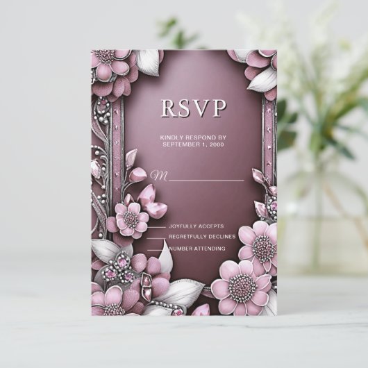 Roze Floral Lijst RSVP-kaart RSVP Kaartje (Staand voorkant)