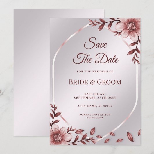Roze Floral Lijst sparen de Datum Save The Date (Voorkant / Achterkant)