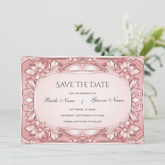 Roze Floral Lijst sparen de Datum Save The Date (Staand voorkant)