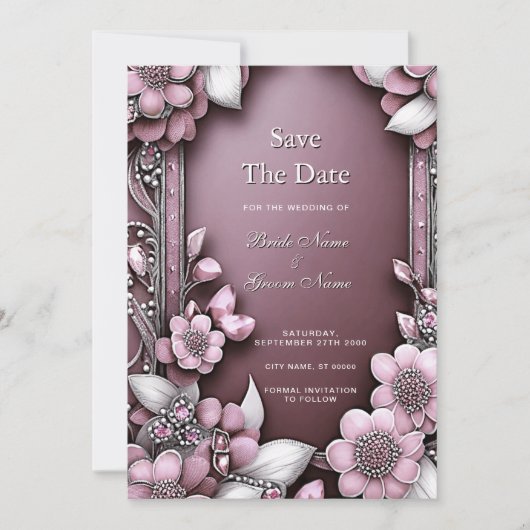 Roze Floral Lijst sparen de Datum Save The Date (Voorkant)