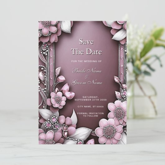 Roze Floral Lijst sparen de Datum Save The Date (Staand voorkant)