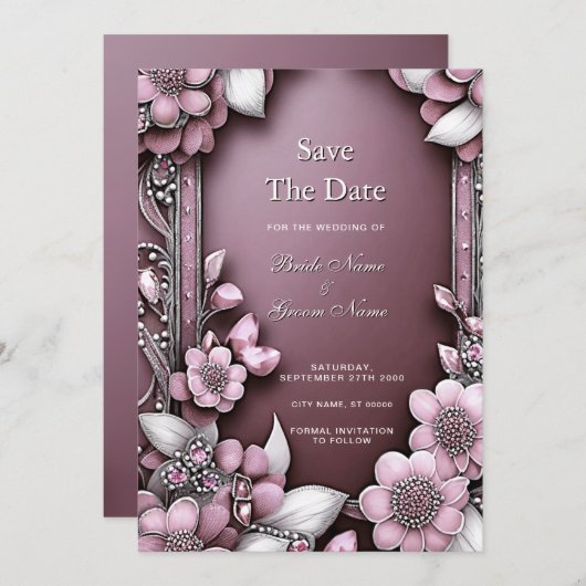 Roze Floral Lijst sparen de Datum Save The Date (Voorkant / Achterkant)