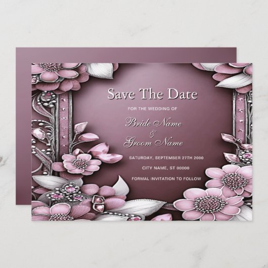 Roze Floral Lijst sparen de Datum Save The Date (Voorkant / Achterkant)