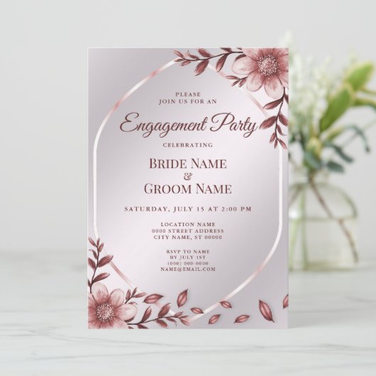 Roze Floral Lijst Verloving Kaart (Staand voorkant)