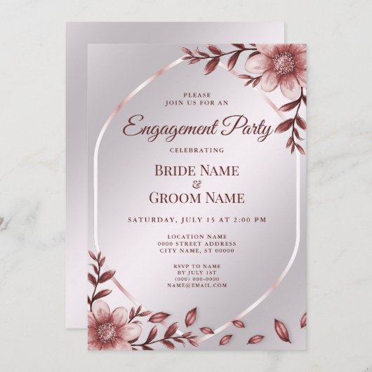 Roze Floral Lijst Verloving Kaart (Voorkant / Achterkant)