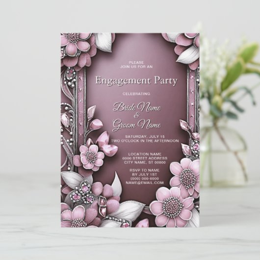 Roze Floral Lijst Verloving Kaart (Staand voorkant)